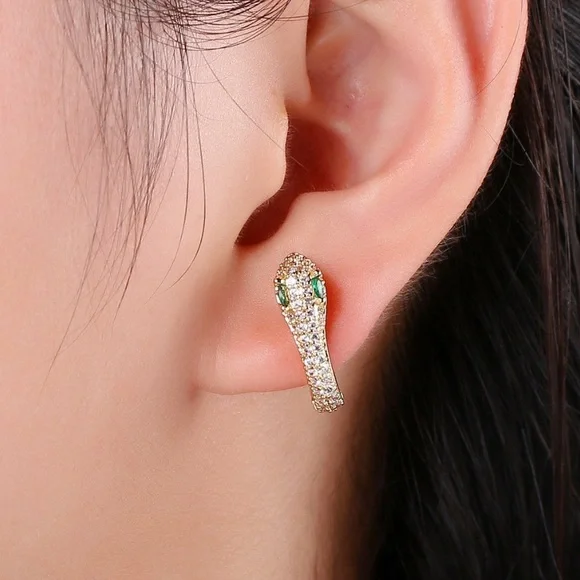 Snake Head Emerald CZ Hoop Earrings - Picture 2 of 6
